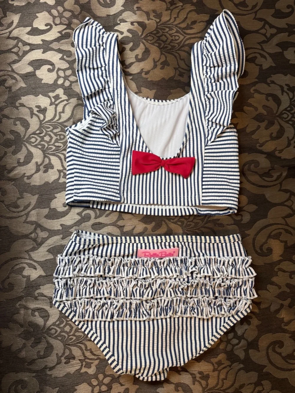 Ruffle Butts Seersucker Navy White Stripe 2 Piece Swimsuit Girls 7